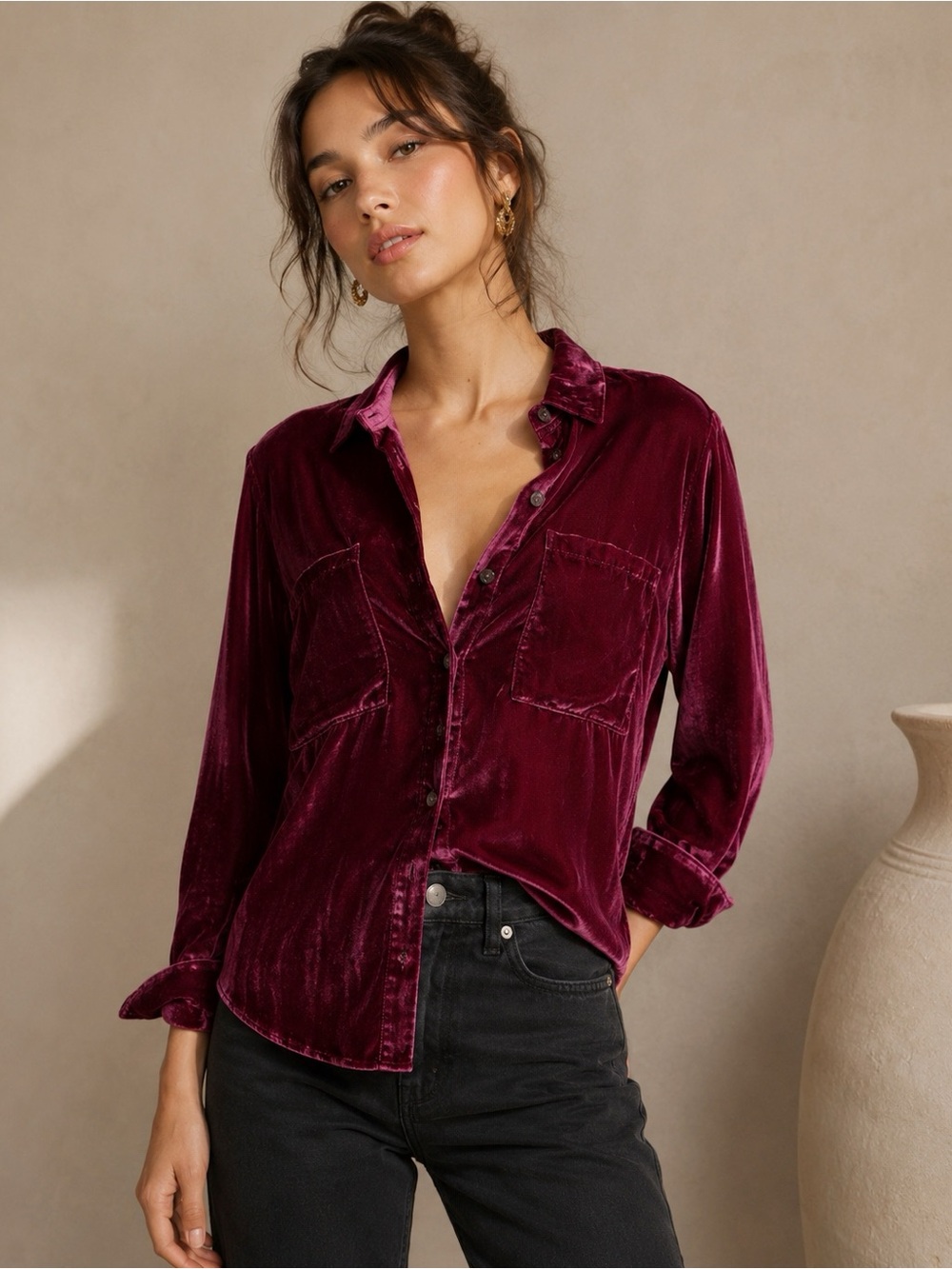 Pilcro Anthropologie Women Burgundy Velvet Relax Button Down Long Sleeve XXS